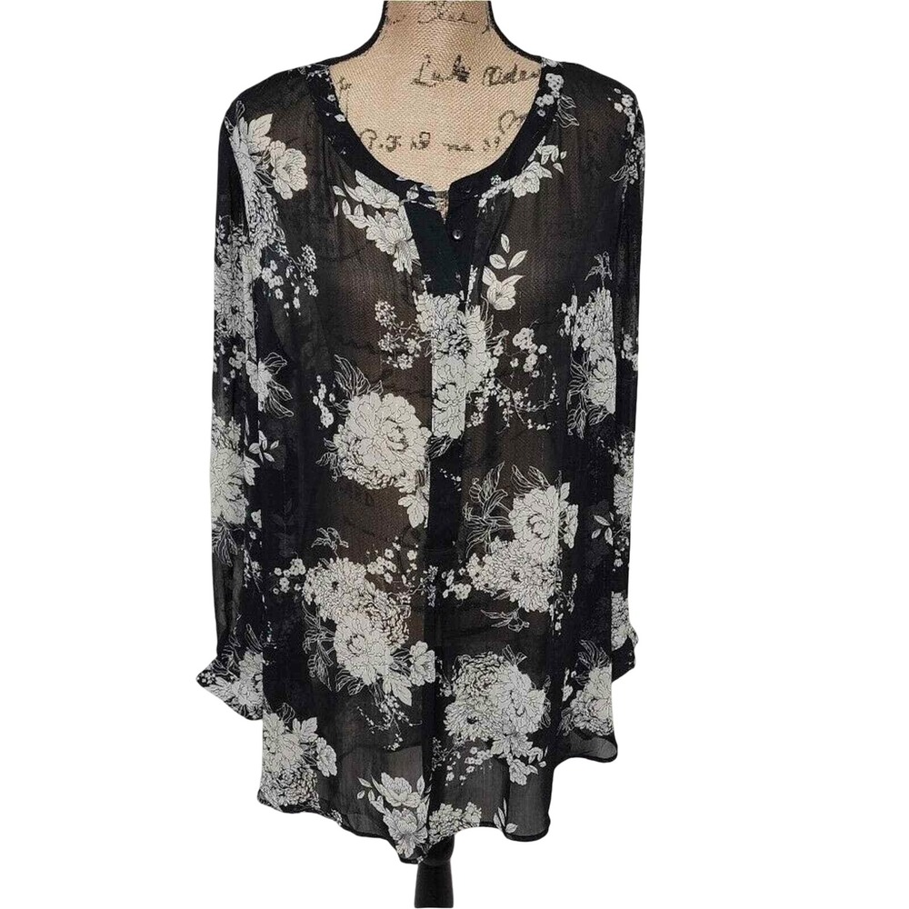 Roz & Ali Black White Floral Sheer Henley Tunic Top Gold‎ Metallic Stripe 2X